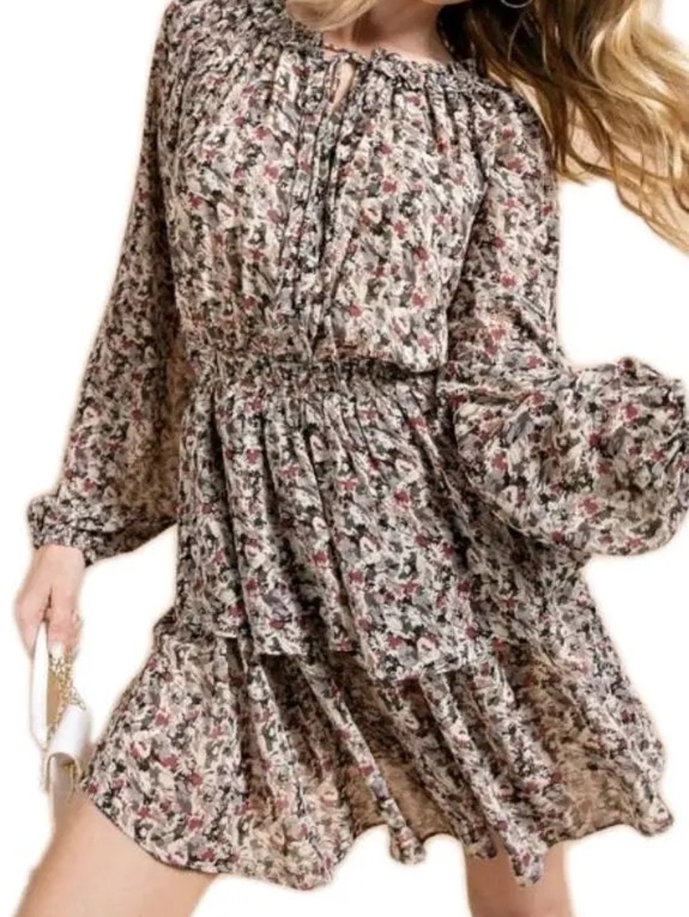 Kori Floral Tiered Long-Sleeve Mini Dress in Beige and Pink